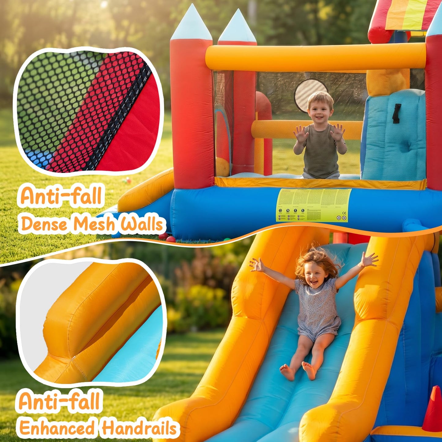 Bouncy Castle with Slide for Children: Inflatable Bounce House 9 in 1 - Kids Trampoline with Basketball Hoop & Climbing Wall, Indoor Outdoor Play Centre with Air Blower for Birthday Party Garden