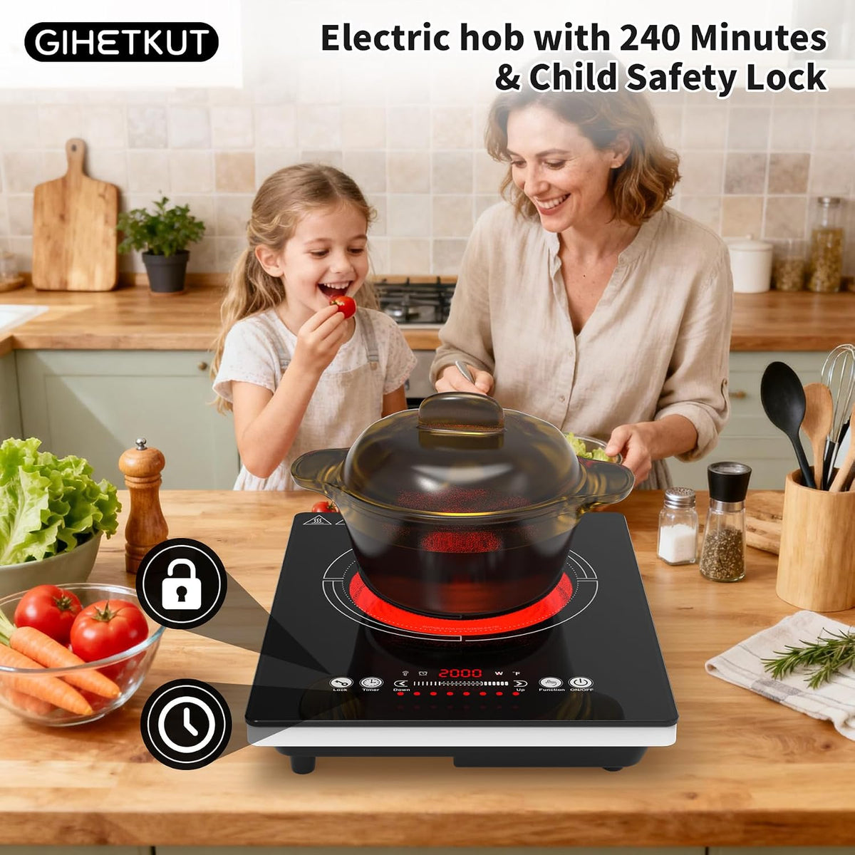 GIHETKUT single electric hob,220V 2000W Electric Hob with LED Touch Control,10 Power Levels, 4H Timer, Safety Lock,portable single burner hob Overheat protection