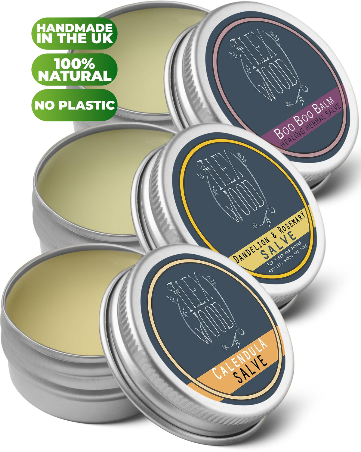 The Ilex Wood - Herbal Salve Gift Set - 100% Natural Handmade, Cruelty & Plastic Free. Skin irritation, scrapes, bites, stings soothes rashes, itching, dry skin, eczema, chapped hands. 3 x 100ml