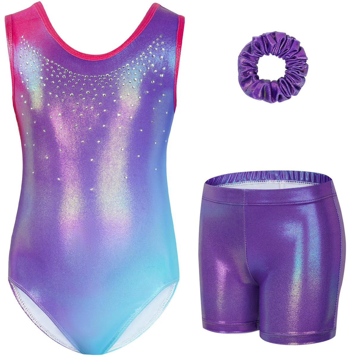 Gogokids Girls' Three-Piece Gymnastics Set, Sleeveless Leotards with Shorts and Hairband, Sparkling Ballet Dancing Unitards - Gymnastics Outfit with Gradient Color Design for 3-12 Years