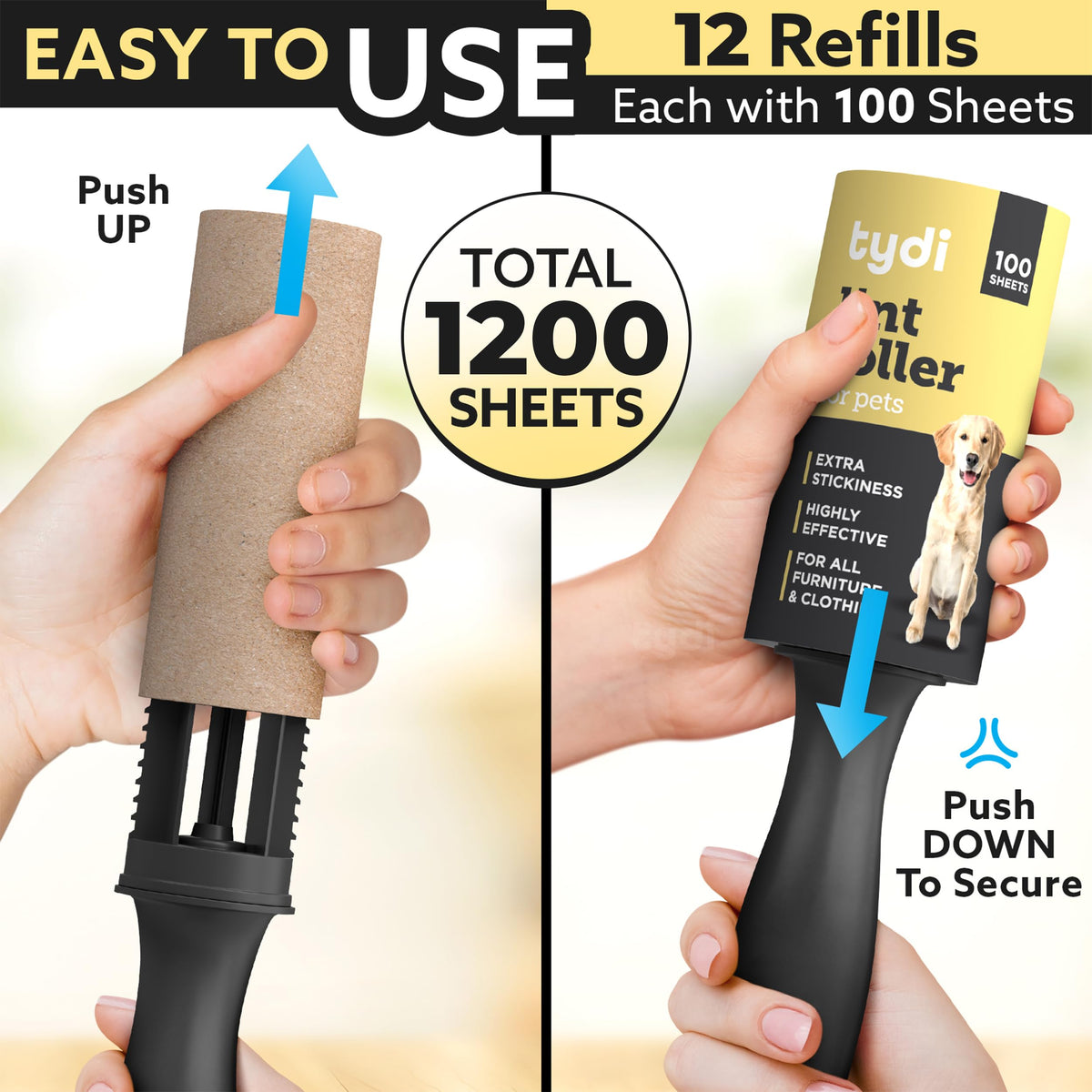 Tydi Pet Hair Lint Rollers, 1700 Sheets with 2 Handles