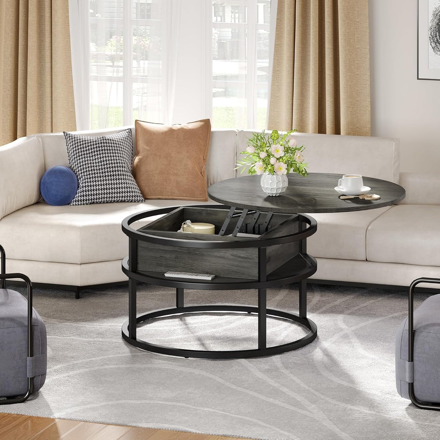 YITAHOME Coffee Table with Lift Top, lift up Coffee Table Round with Hidden Storage Compartment, 60x60x47cm