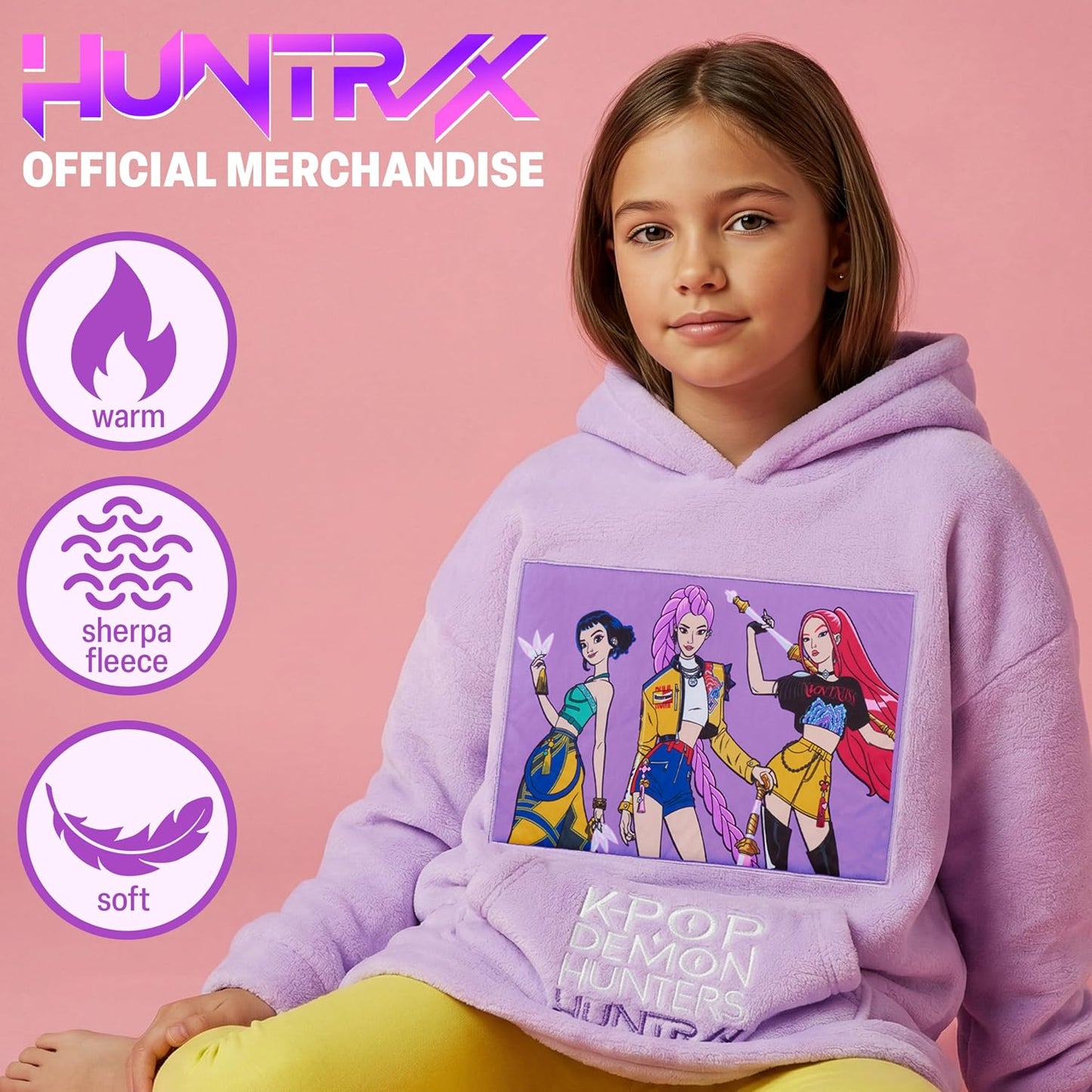 KPop Demon Hunters Official Huntrix Oversized Hoodie for Girls 6-14 Yrs, Sherpa Fleece Hooded Jumper, Rumi Mira Zoey Gifts Light Purple