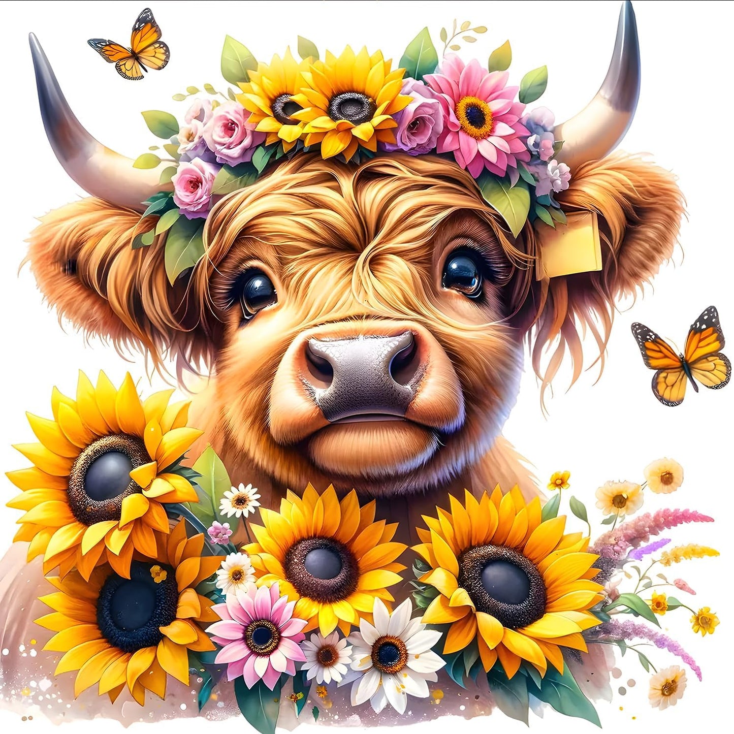 DPHERO Highlandcow Diamond Painting Kits for Beginners Adults,5D DIY Sunflowers Diamond Art Kits,Round Full Drill Butterfly Wildflowers Art Crafts,DIY Painting by Numbers for Home Wall Decor 12x12inch