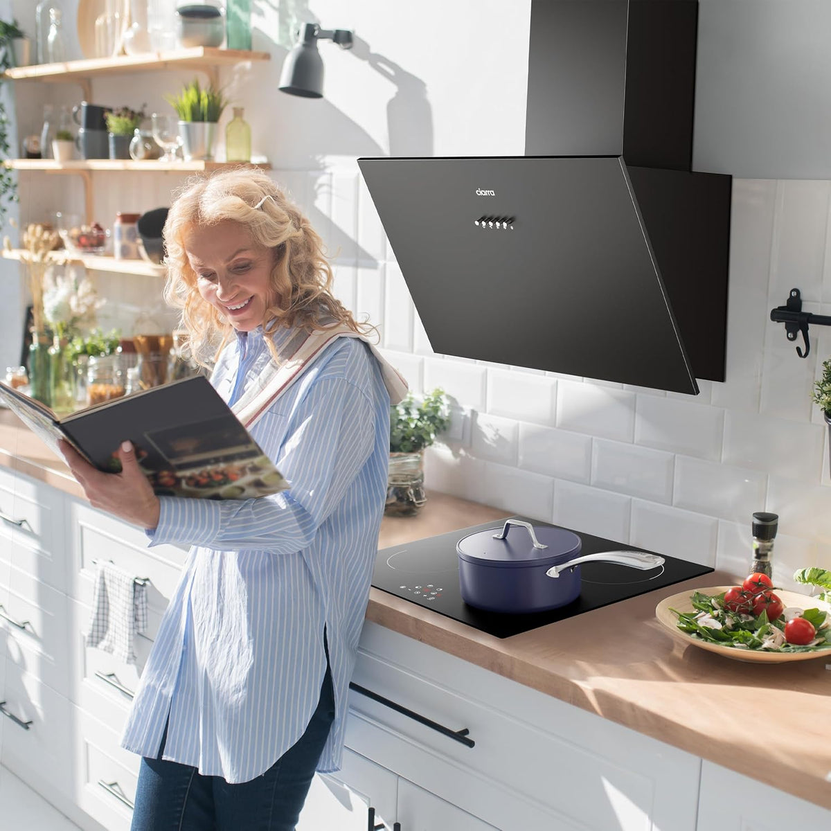 CIARRA CBCB6736C Angled Cooker Hood 60cm with CBCF002X2 Carbon Filters Recirculating & Ducting LED Lights Black Painting&Tempered Glass Wall Mounted Range Hood 600mm Kitchen Extractor Fan