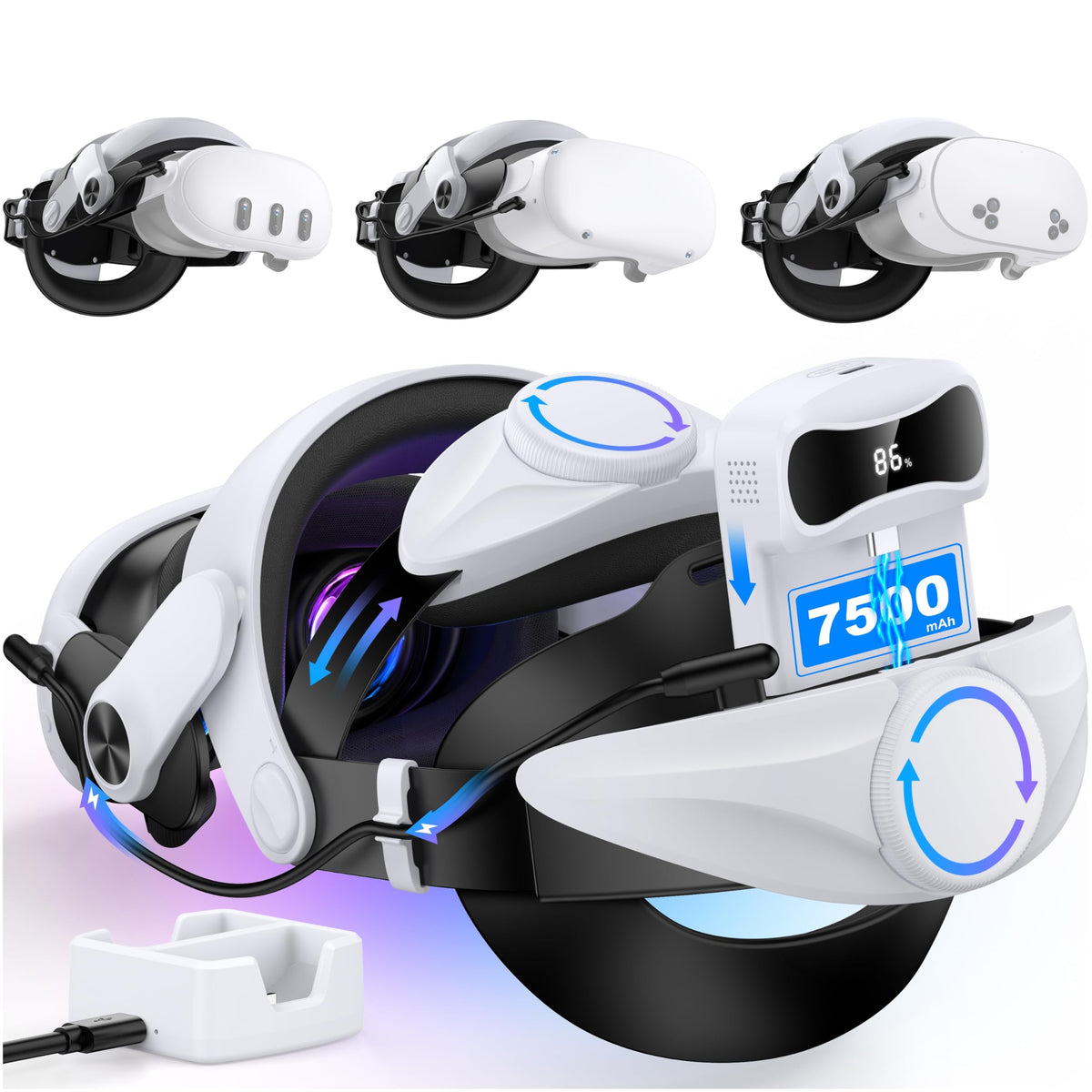 Comfortable Head Strap for Meta Quest 3S/3/2 with 7500mAh LED Display Battery Bank,VR Headset Elite Strap Replacement,All-Directional Adjustable Oculus Headstrap,Enhanced Support & Reduce Pressure