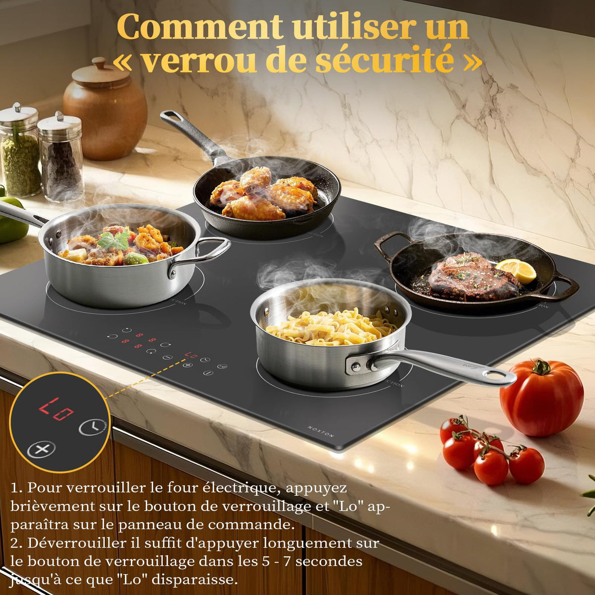 Noxton Plug in Induction Hob, 4 Zones Electric Hob 60cm, Touch Control with Child Safety Lock,UP to 99 Min Timer Black Crystal Glass
