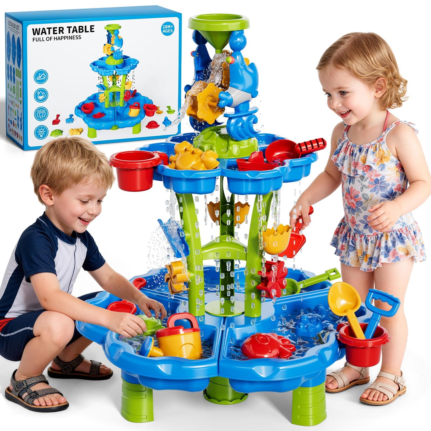 Ci Vetch Sand and Water Table for Toddlers 1-3, Kids Outdoor Activity Water Tables with Beach Fun Sand Toy, Summer Outside Toys Water Playset for Toddler Boys Girls Ages 2 3 4 5 6 7 8