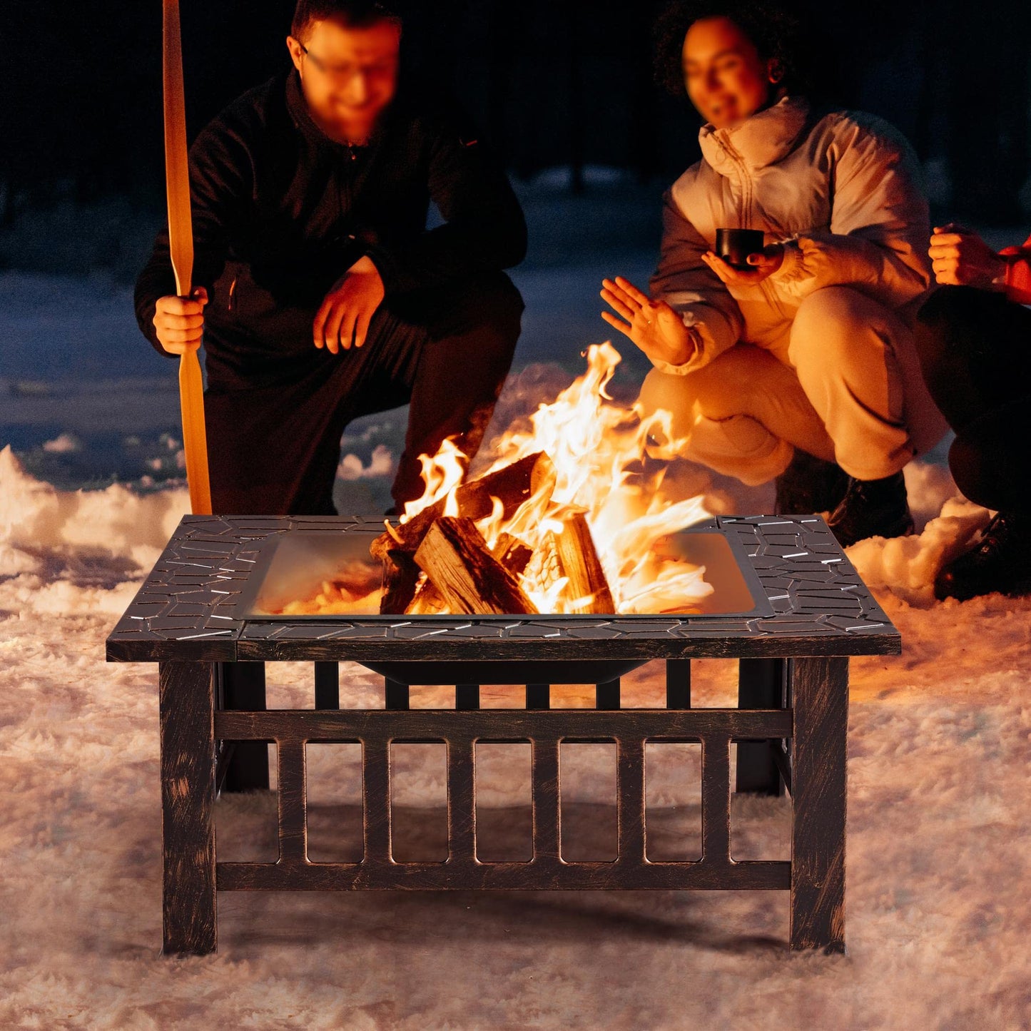 Yaheetech Outdoor Fire Pit 81cm Square Fire pits 3-in-1 Heat-resistant Metal Garden Stove for Barbecue, Heating, Cooling Drinks with Cover & Poker, Black