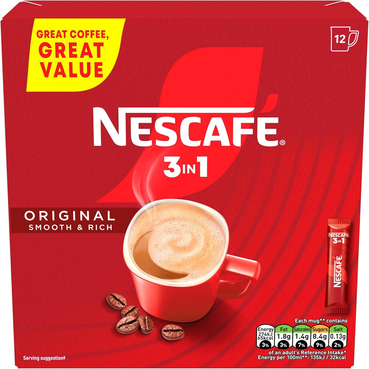 Nescafé 3in1 Original Coffee Sachets 12 x 16g | Pack of 1