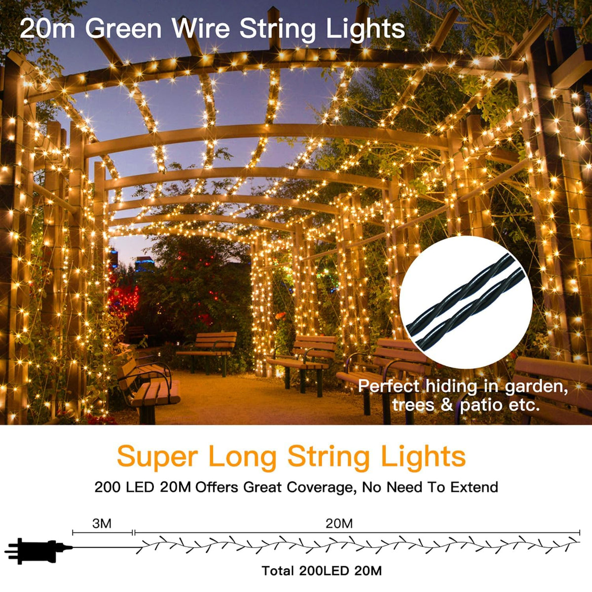 Ollny Smart Outdoor Fairy Lights, 20m 200 LEDs, RGB+W, App Control