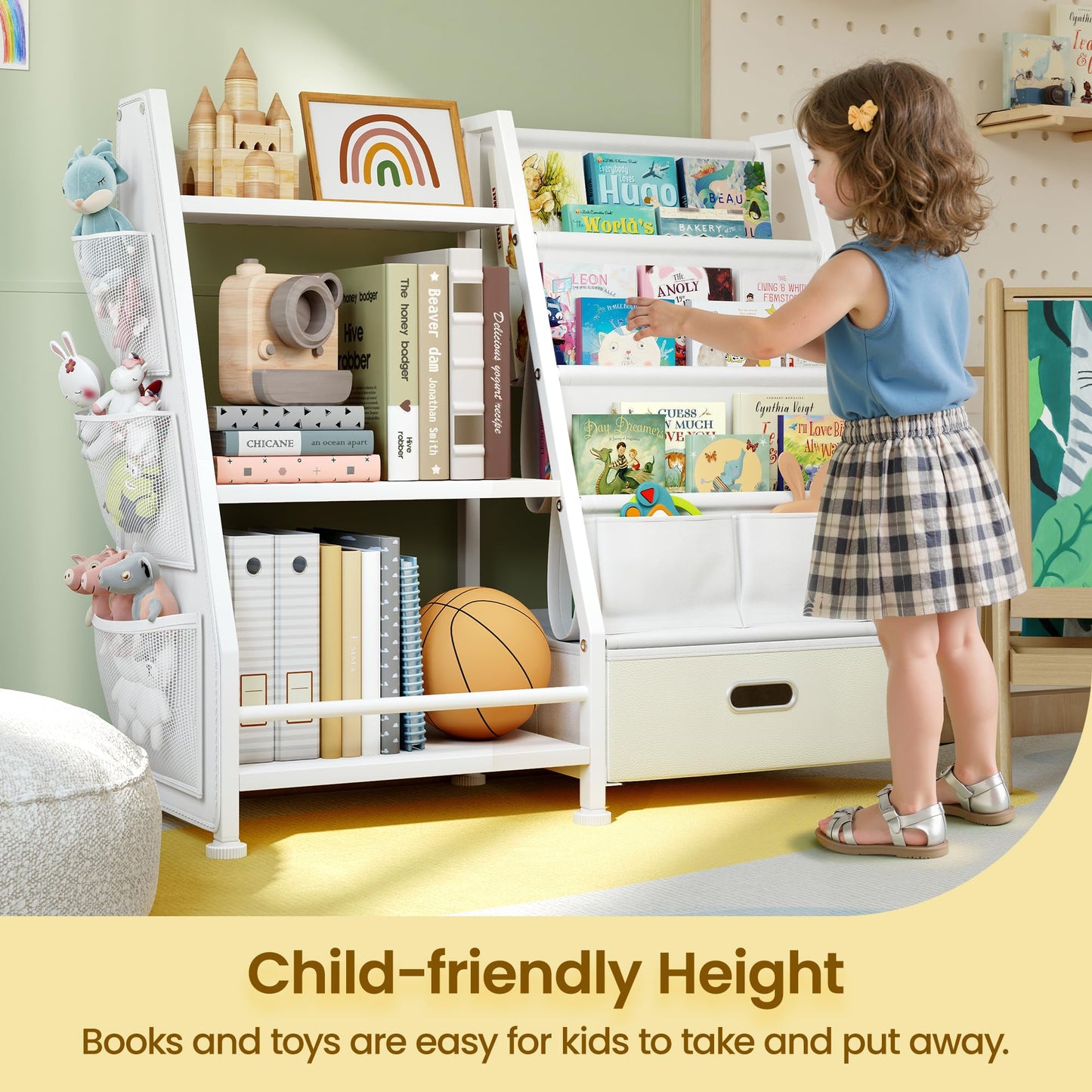 GoTiling Kids Bookshelf and Toy Storage Organizer: 3-Tier Sling Book Shelf with 3 Side Pockets for Kids Room - Toy Storage Organizer with 2 Fabric Drawers for Nursery, Bedroom, Playroom