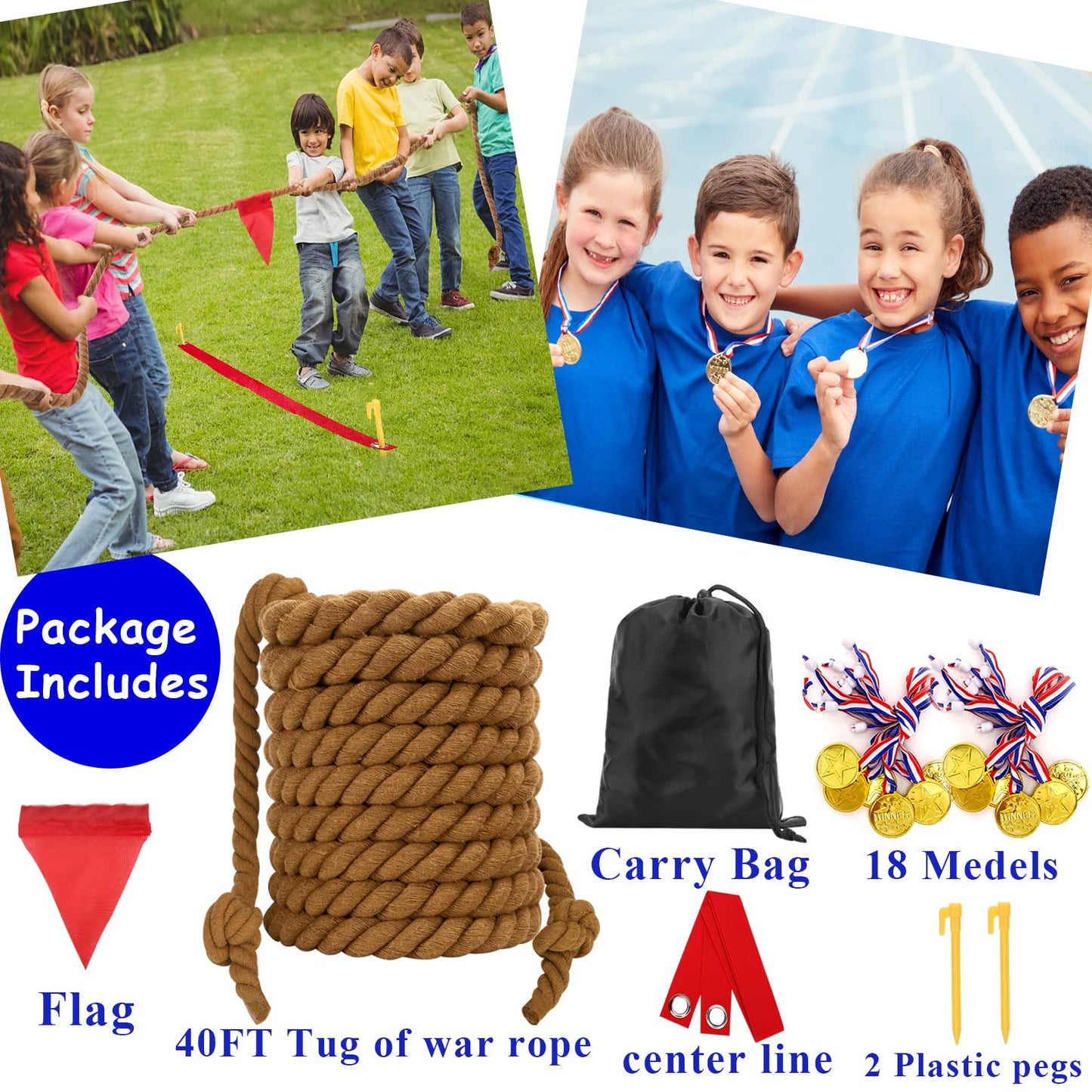 Tug of War Rope 20FT for Kids and Adults, Outdoor Field Day Lawn Yard Family Reunion Birthday Party Games, Outside Backyard Camping Picnic Game,Carnival Games Fun for Team Building Activities