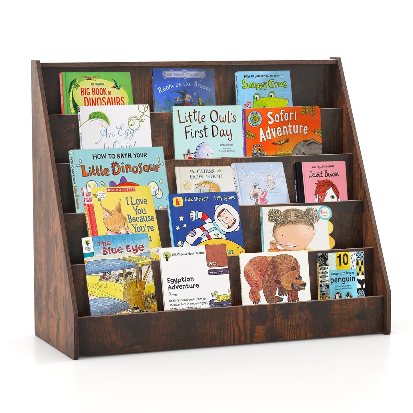 COSTWAY Wooden Kids Bookshelf, 5 Tier Children Bookcase with Deep Compartments, Back Storage Space, Front-Facing Books Display Rack for Playroom, Daycare, Kid’ Room (Rustic Brown)