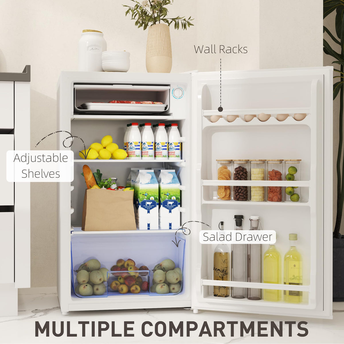 HOMCOM Under Counter Fridge 91L Small Fridge with Chiller Box Silver Tone