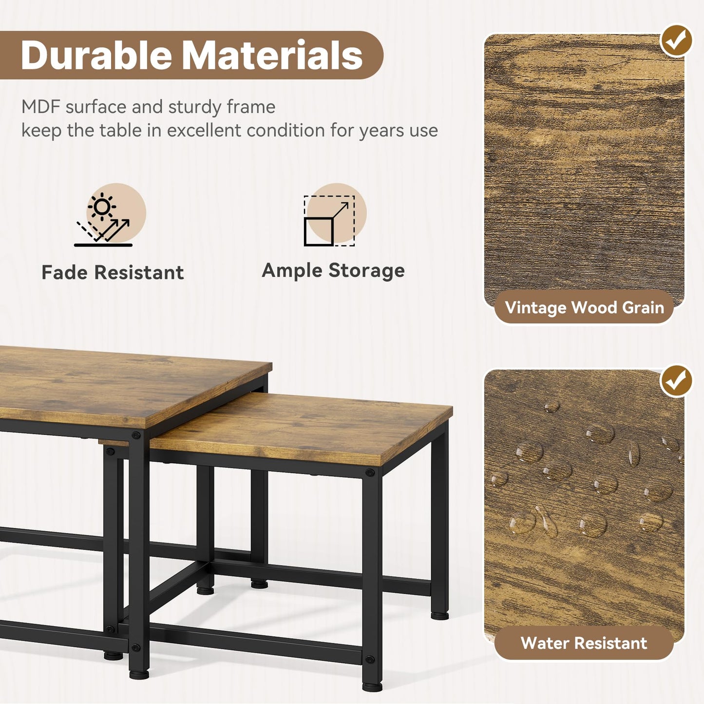 Hawthyhome Coffee Tables, Round Nesting Tables Tet of 2, Modern Side Tables with Metal Frame, Industrial Stacking End Tables for Living Room Bedroom Office, 60 * 60 * 45cm, Brown