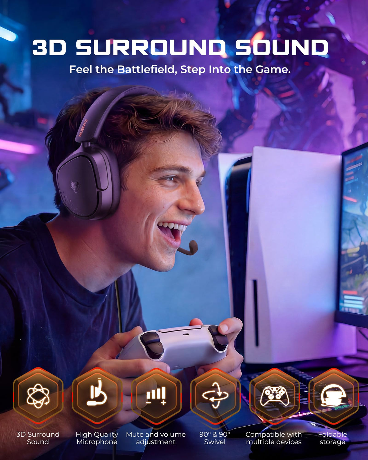 NUBWO HG04L Gaming Headset for PS5/PS4, Xbox Series X|S/Xbox One, Switch – 250g Lightweight, Clear Unidirectional Mic, Soft Memory Earmuffs, 3.5mm Jack for Gaming & Work