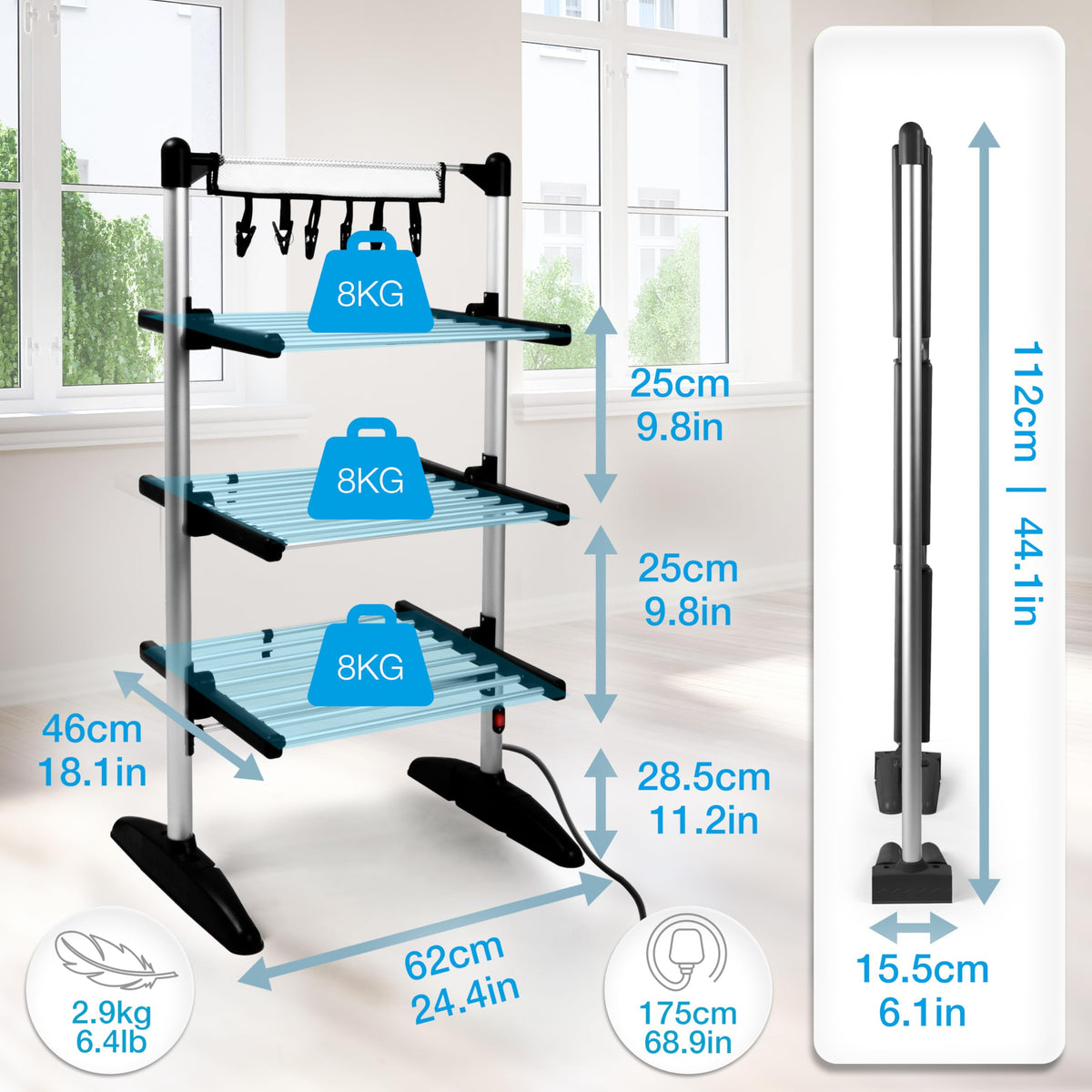 Duronic CA30 BK Electric Heated Clothes Airer, 300W 3 Tier, Foldable, Black