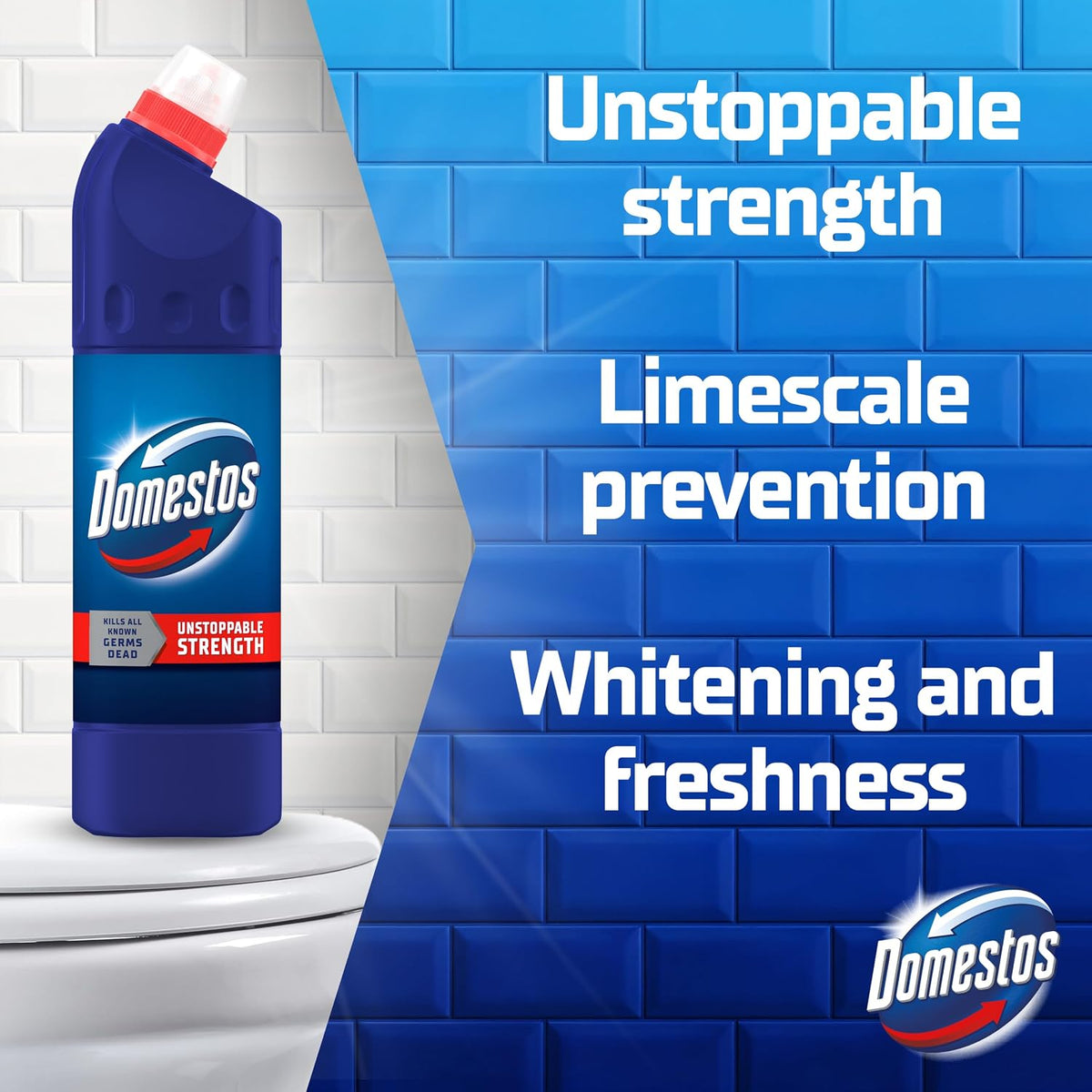 Domestos Original Thick Bleach disinfectant that eliminates 99.99% of bacteria and viruses* unstoppable strength 9x 750 ml