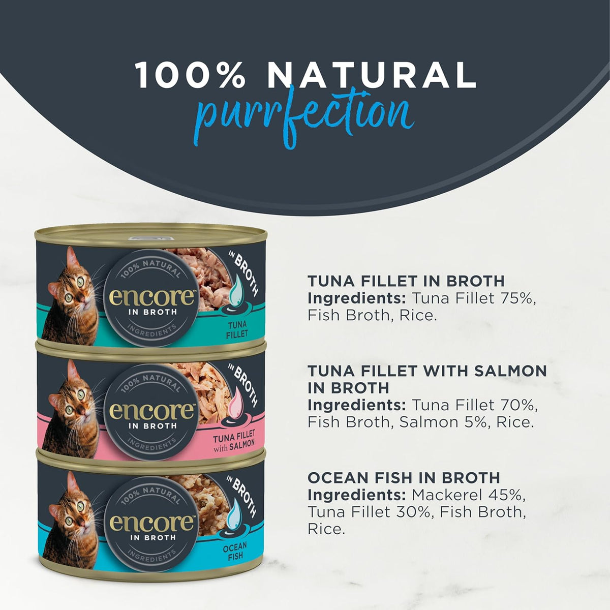 Encore Natural Wet Adult Cat Food, Fish Selection in Broth, 8x70g Tins