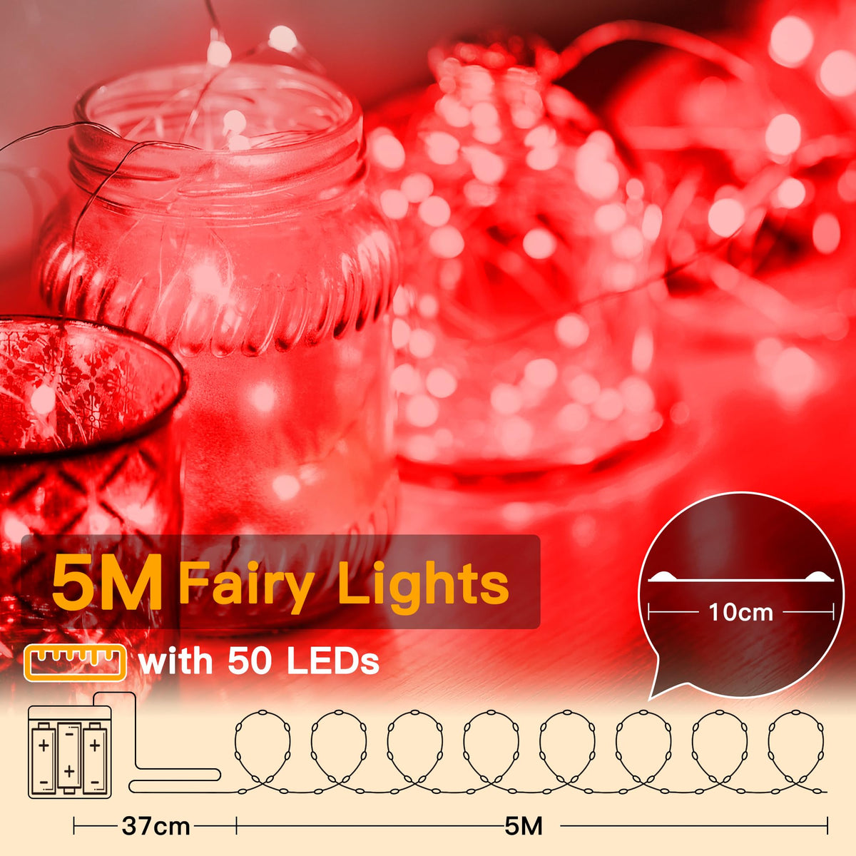 Ollny 10m 100LED Red Fairy Lights Battery Operated,Copper Wire String Light