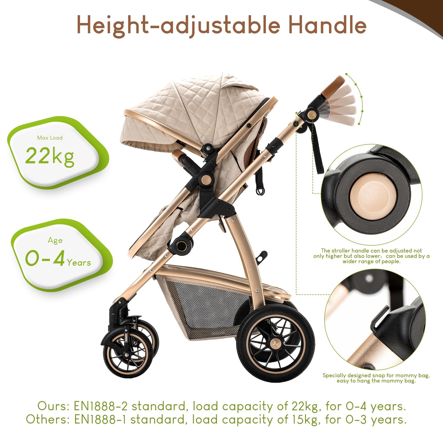 Baby Stroller 3 in 1,Travel Pushchair's Lie-Flat Pram is Foldable, Stroller System Handle is Adjustable, The Wheels are Made of PU Material, Suitable for 0-3 Years-Khaki