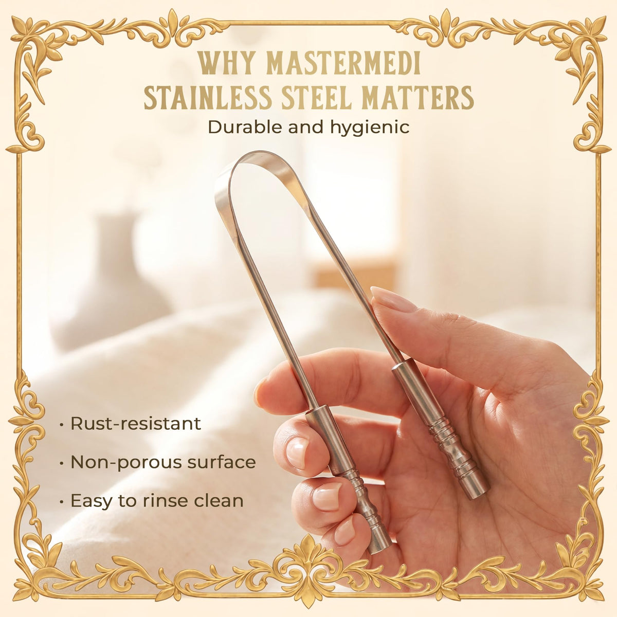 MasterMedi Tongue Scraper with Travel Case 1 Pack, Bad Breath Treatment Tongue Scraper for Adults & Kids, Stainless Steel Metal Tongue Scraper, Easy to Use Tongue Cleaner for Hygiene and Self Care