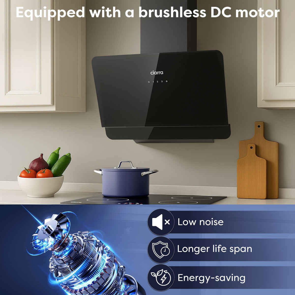 CIARRA 60cm White Angled Cooker Hood, Gesture Control, A+++, CBCW6736A