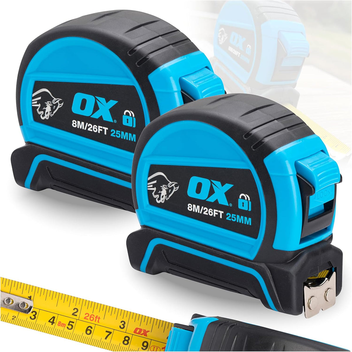 OX Pro Dual Auto Lock Tape Measure Twinpack - 8m, Magnetic End Hook