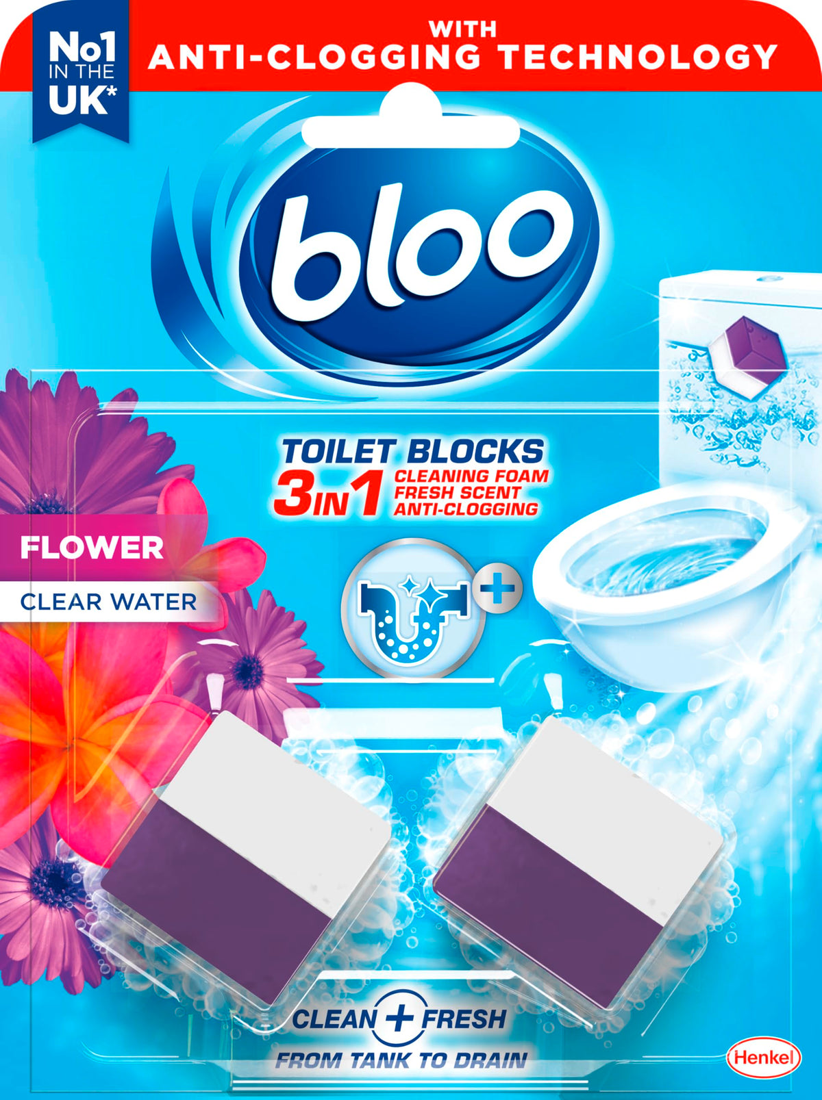 Bloo New 3in1 Toilet Blocks, Pack of 2, Toilet Limescale Remover Cistern Block, Toilet Cleaner Block with Cleaning and Foaming Action, Toilet Fresheners - Limescale Prevention