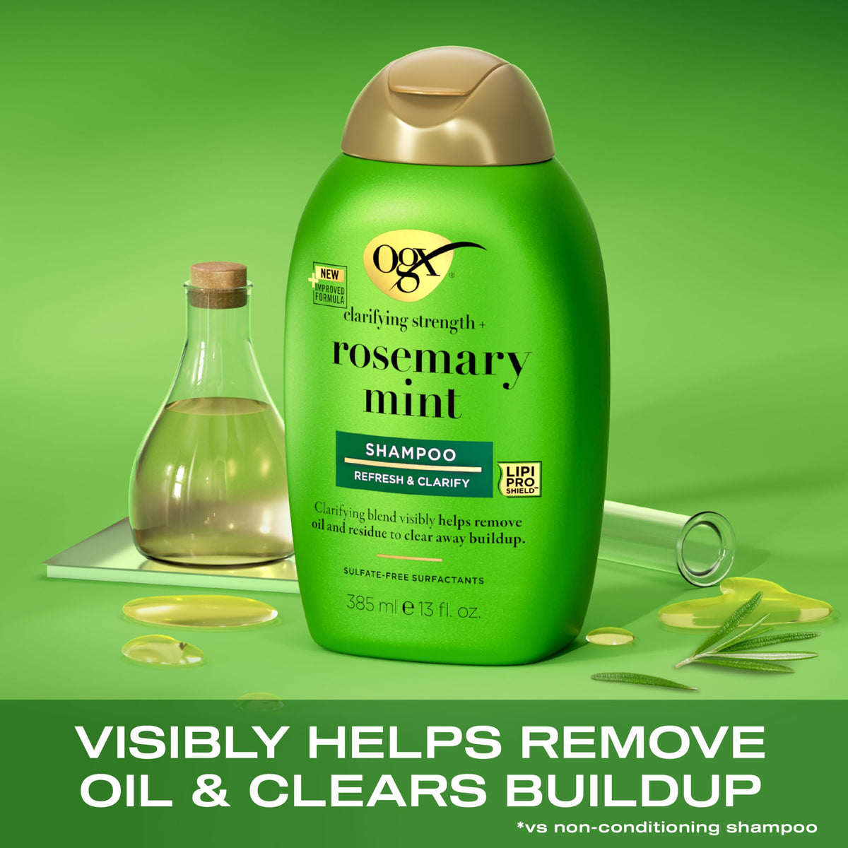 OGX Refreshing Scalp with Rosemary Mint Shampoo, Clarifying Blend to Remove Excess Oil and Residue, Clears Away Buildup, Sulfate Free, 385ml