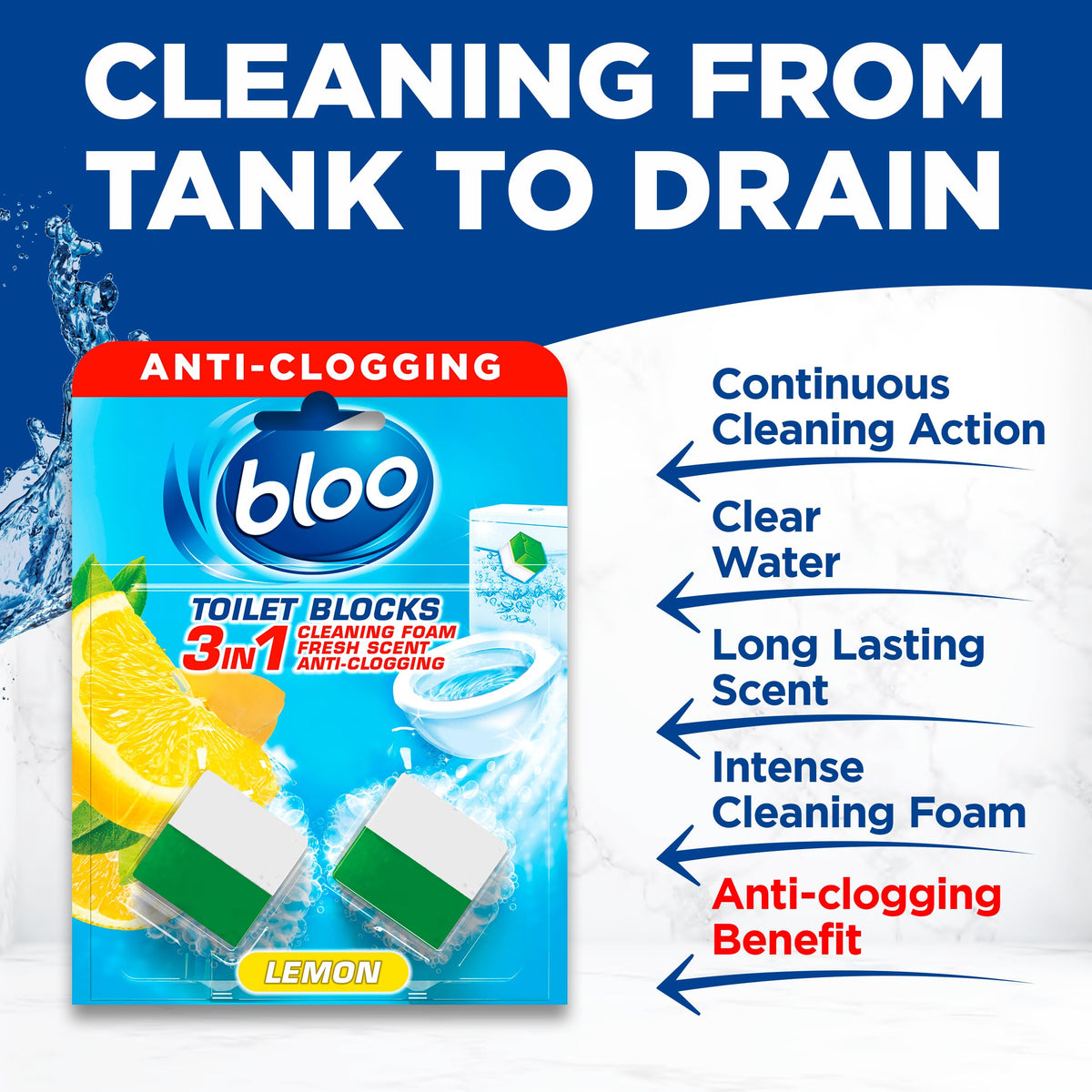 Bloo New 3in1 Toilet Blocks, Pack of 2, Toilet Limescale Remover Cistern Block, Toilet Cleaner Block with Cleaning and Foaming Action, Toilet Fresheners - Limescale Prevention