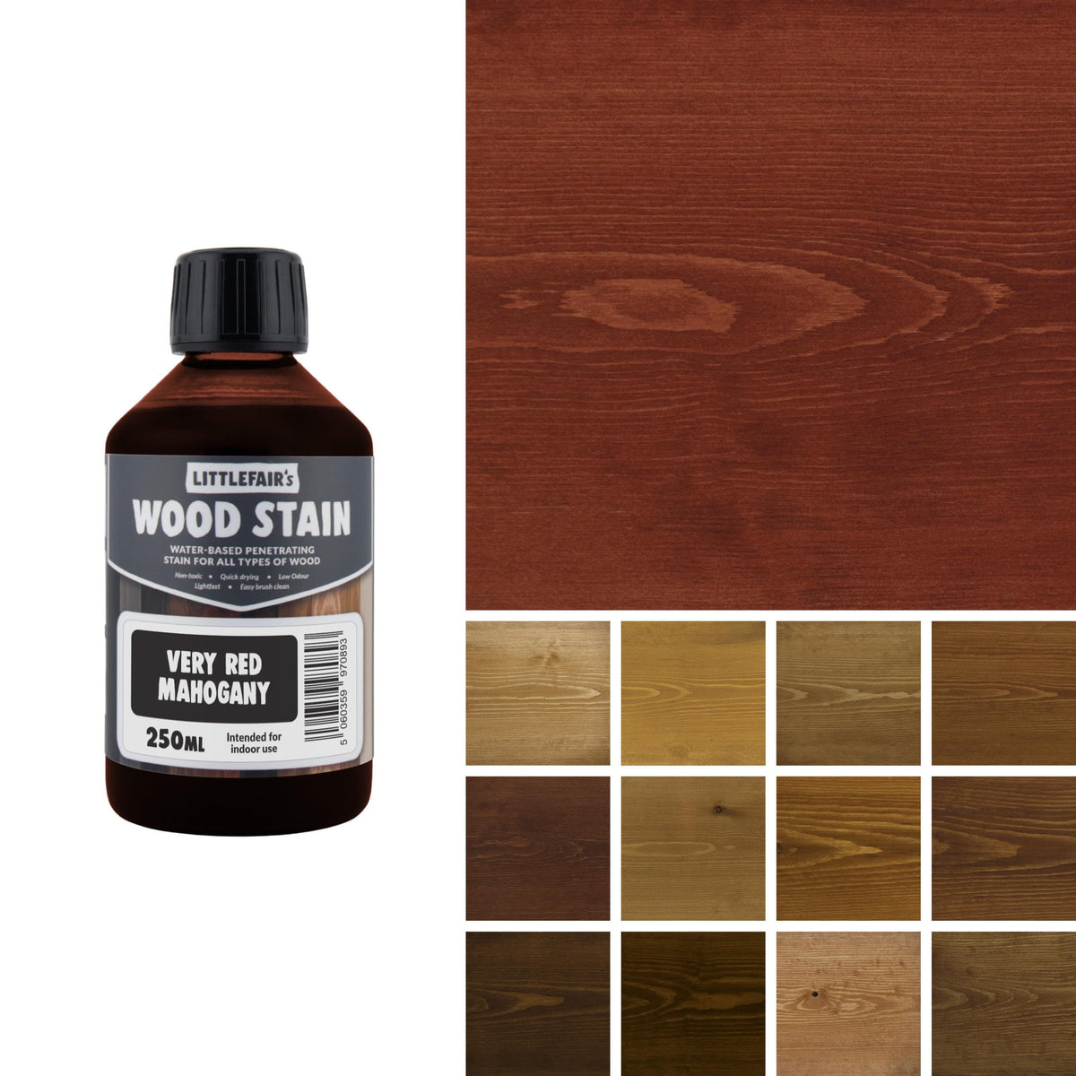 Littlefair's Wood Stain Water-Based - (Very Red Mahogany) – Non-Toxic, Eco-Friendly & Quick Drying - Easy-to-Apply, Concentrated Formula for All Wood Types – 15ml Tester Pot