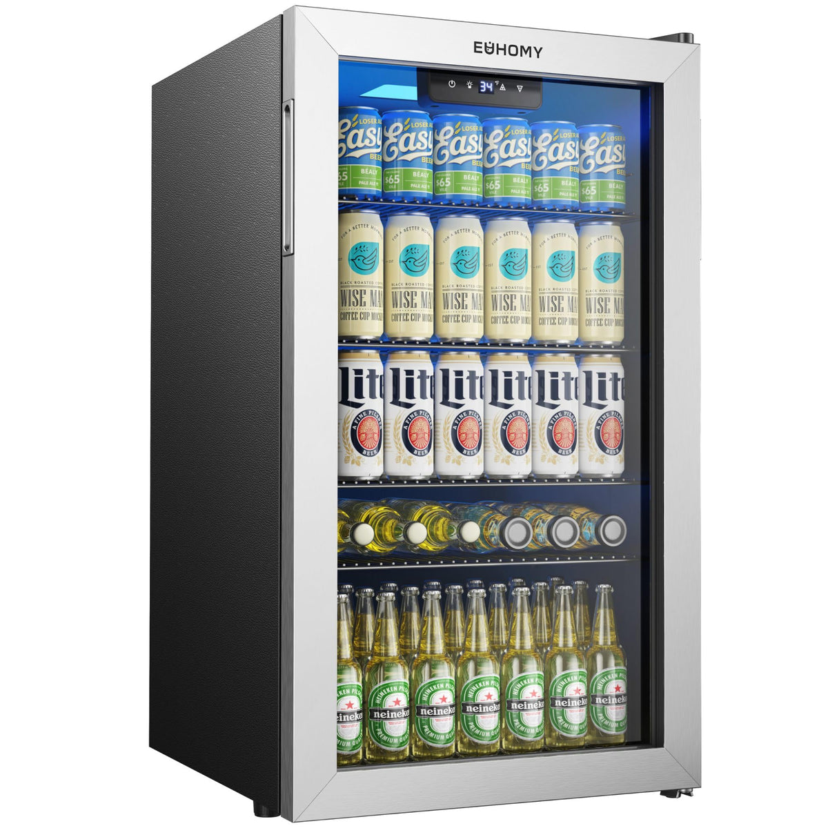 EUHOMY 93L Drinks Fridge, 126 Can Beer Fridge with Glass Door, Wine fridge with Adjustable Shelves for Soda Beer or Wine, Home/Bar/Office, Black, Steel, One-Touch Control [Energy Class F]