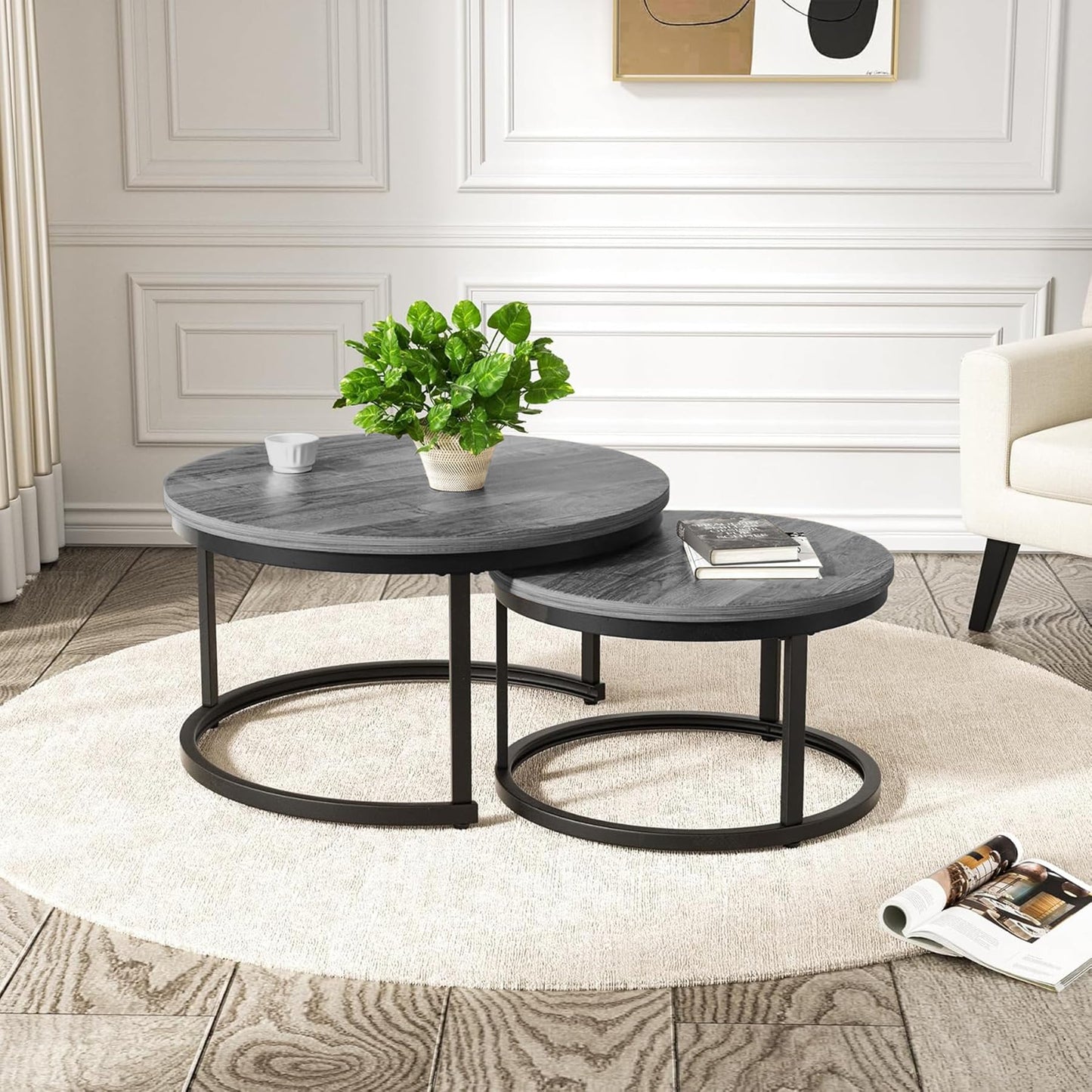 Hawthyhome Coffee Tables, Round Nesting Tables Tet of 2, Modern Side Tables with Metal Frame, Industrial Stacking End Tables for Living Room Bedroom Office, 60 * 60 * 45cm, Brown