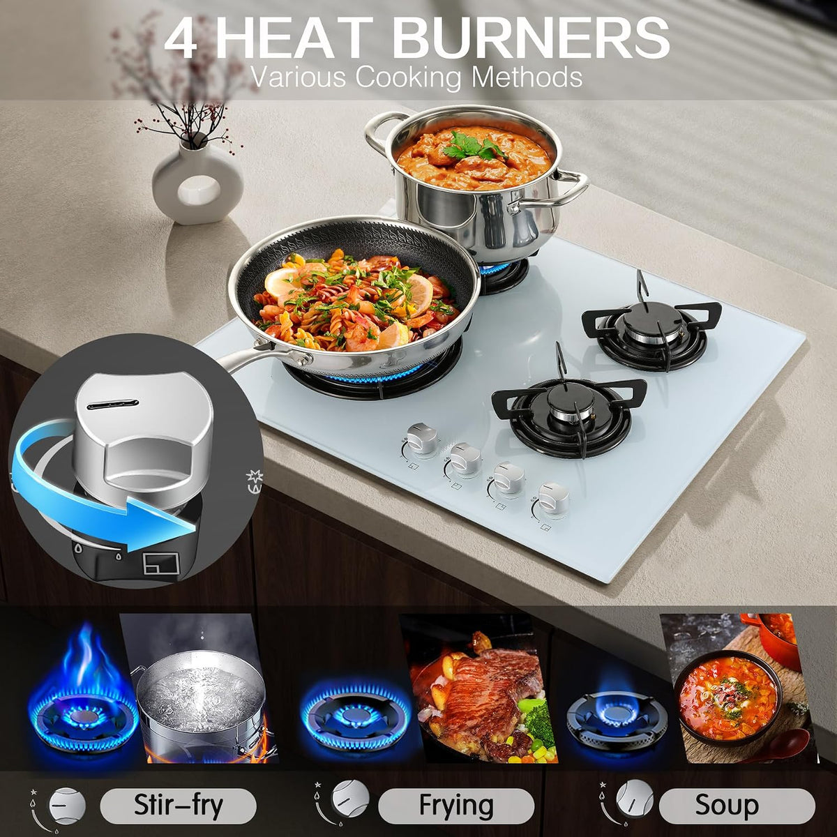 TopStrong Gas Hob 4 Burners, 60cm Black Glass Built-in Cooktop with 8060W Wok Burner & Thermocouple Protection, Natural Gas & LPG Compatible