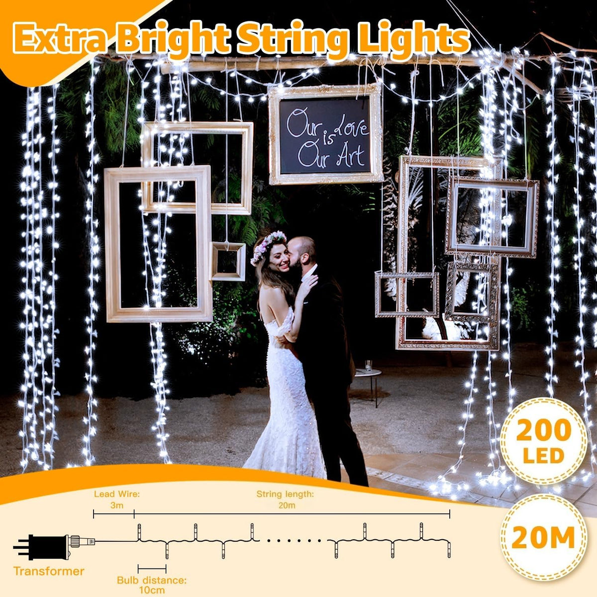 Ollny Fairy Lights Mains Powered 20m 200 LED Outdoor String Plug Remote