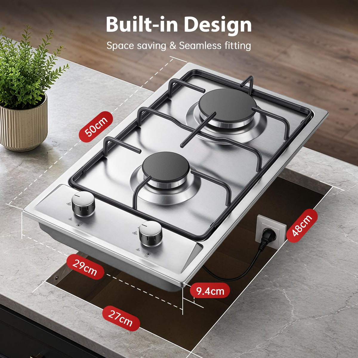 SNDOAS Gas Hob 4 Burners, NG/LPG Convertible, Built-in Black Glass Gas Hob with Wok Burner, Flame Failure Protection, 8000W, YYUKGCT-B04
