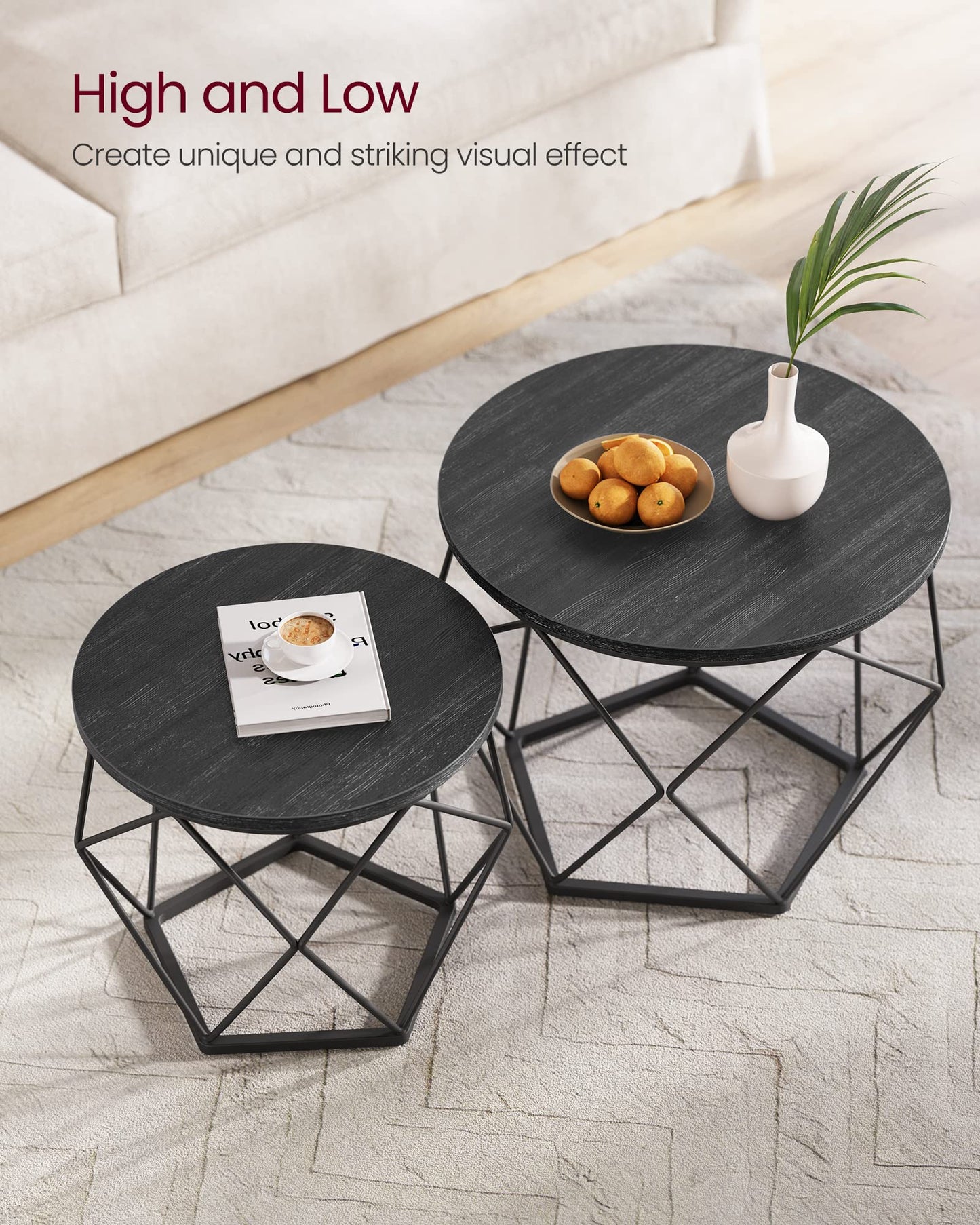 VASAGLE Coffee Tables, Set of 2 Side Tables, Robust Steel Frame, for Living Room, Bedroom, Rustic Brown and Black LET040B01
