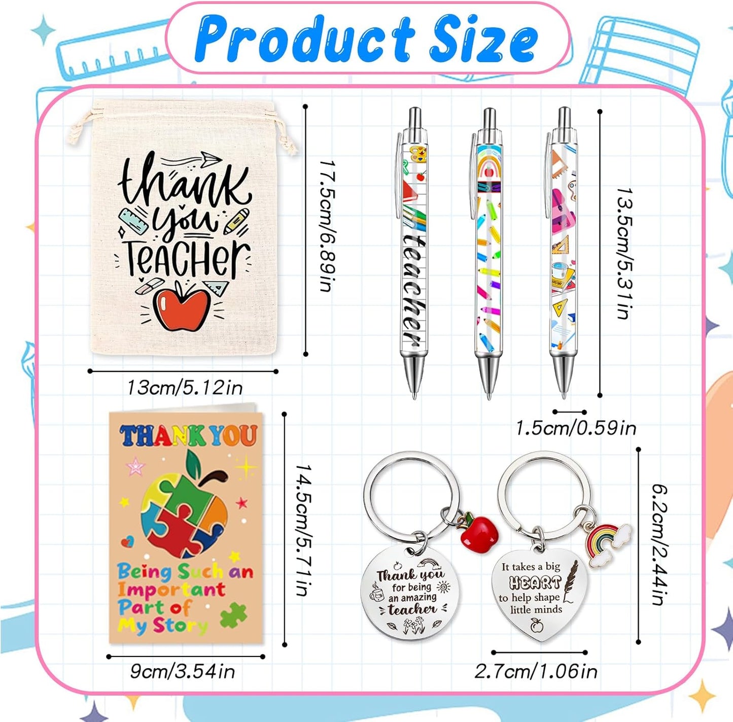 6Pack Teacher Appreciation Gifts Bulk,Teacher Gifts with Thank You Cards Keychain Ballpoint Pens Drawstring Bags, End of Year Gifts for Nursery,Mentor,Teachers,Teaching Assistant,.