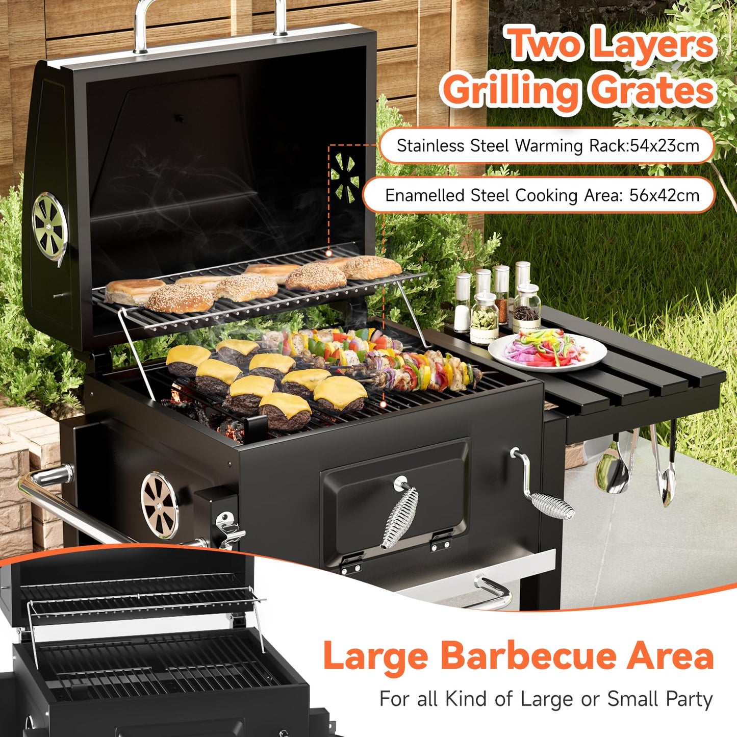 XXXL Smoker Charcoal BBQ, Portable Barbecue Grill with Wheel & 2 Folding Table, Thermometer & Adjustable Charcoal Pan, Large Outdoor BBQ Grill Smoker for Patio Home Garden Cooking