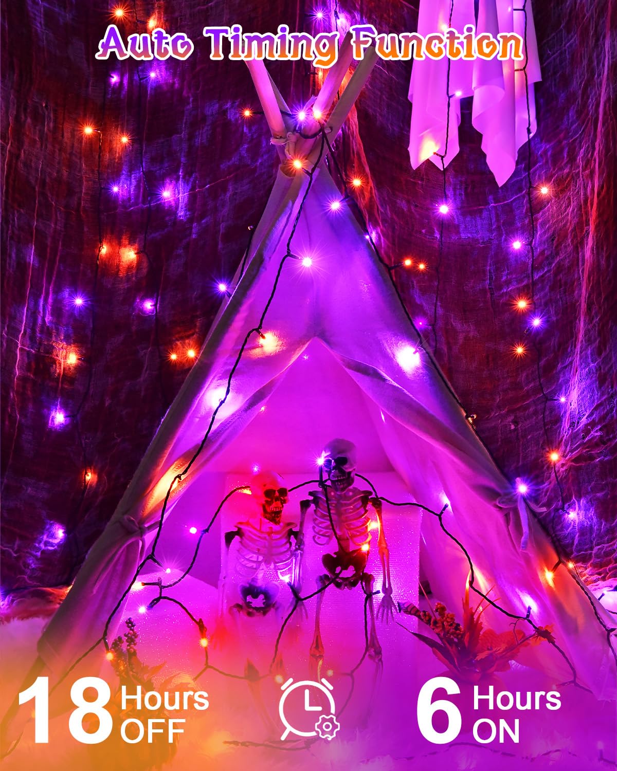 Dalugo Halloween Decoration Lights, 5M 50 LED Orange Purple White Fairy Lights with Timer, IP65 Waterproof Battery Powered Lights for Indoor Outdoor Autumn Halloween Decorations(Green Wire)