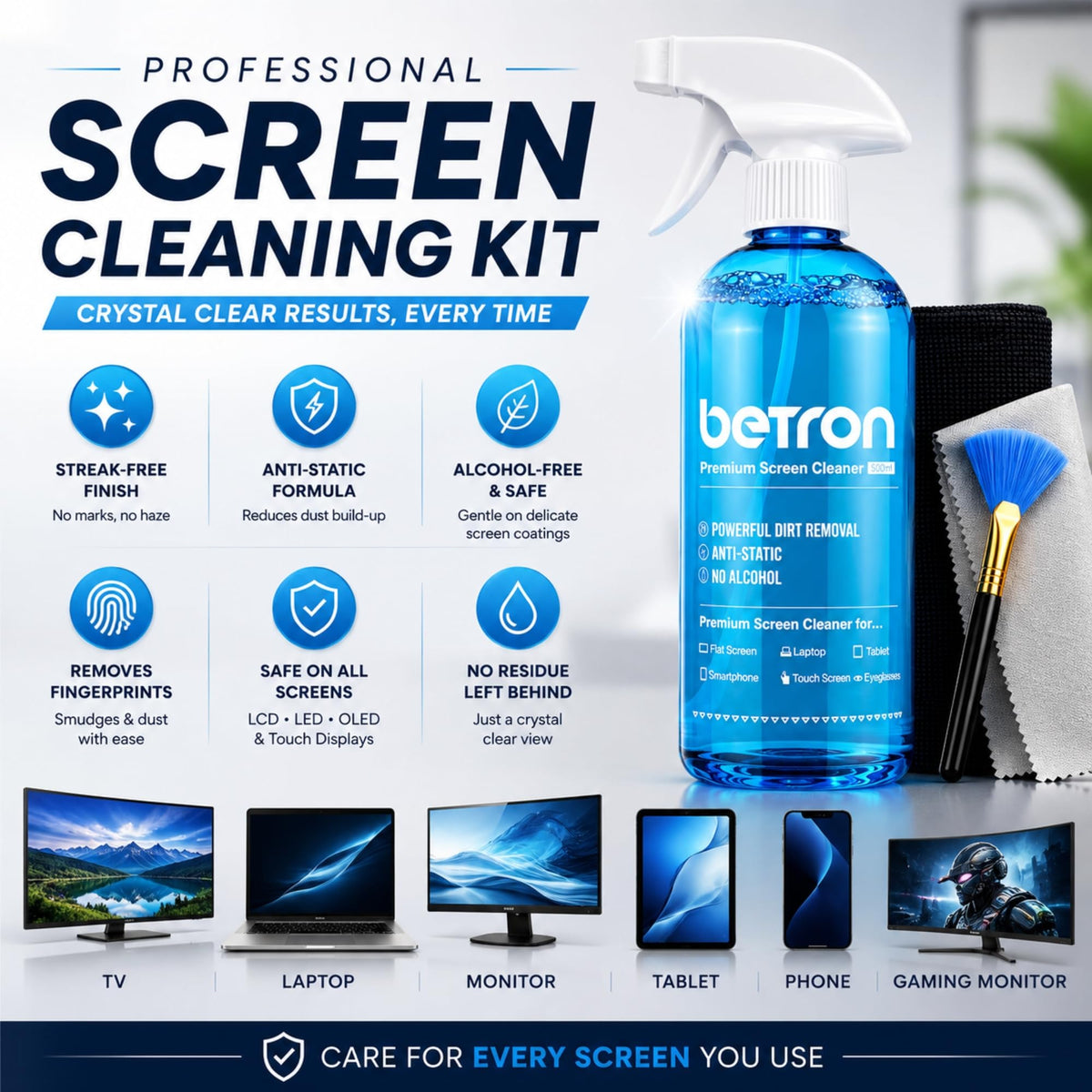 Betron Screen Cleaner Spray Kit with Cloth for TV, Laptop, Monitor, 200ml