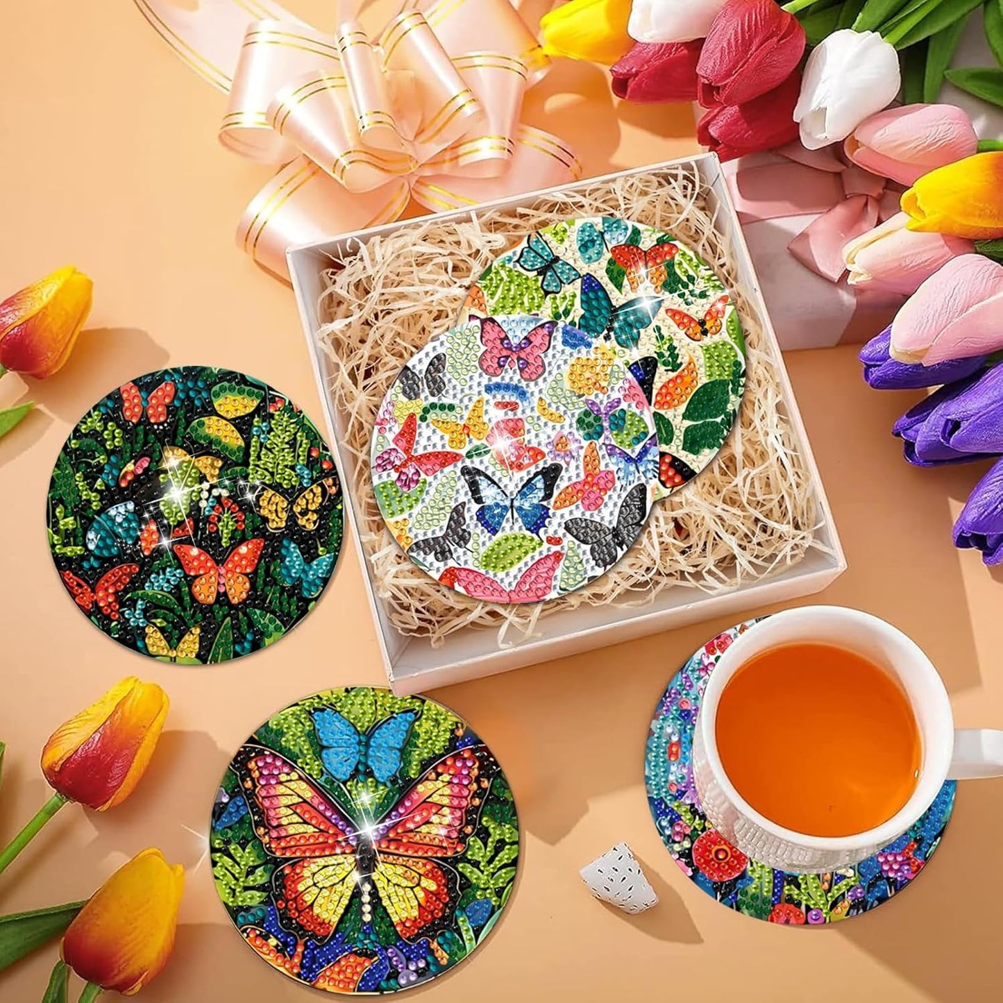 8 Pcs Flowers Diamond Art Coasters Kits for Adults Begainners,Full Drill Diamond Painting Coasters Kit with Holder,DIY Gem Painting Craft Kits for Adults Supplies Gift (Flowers).