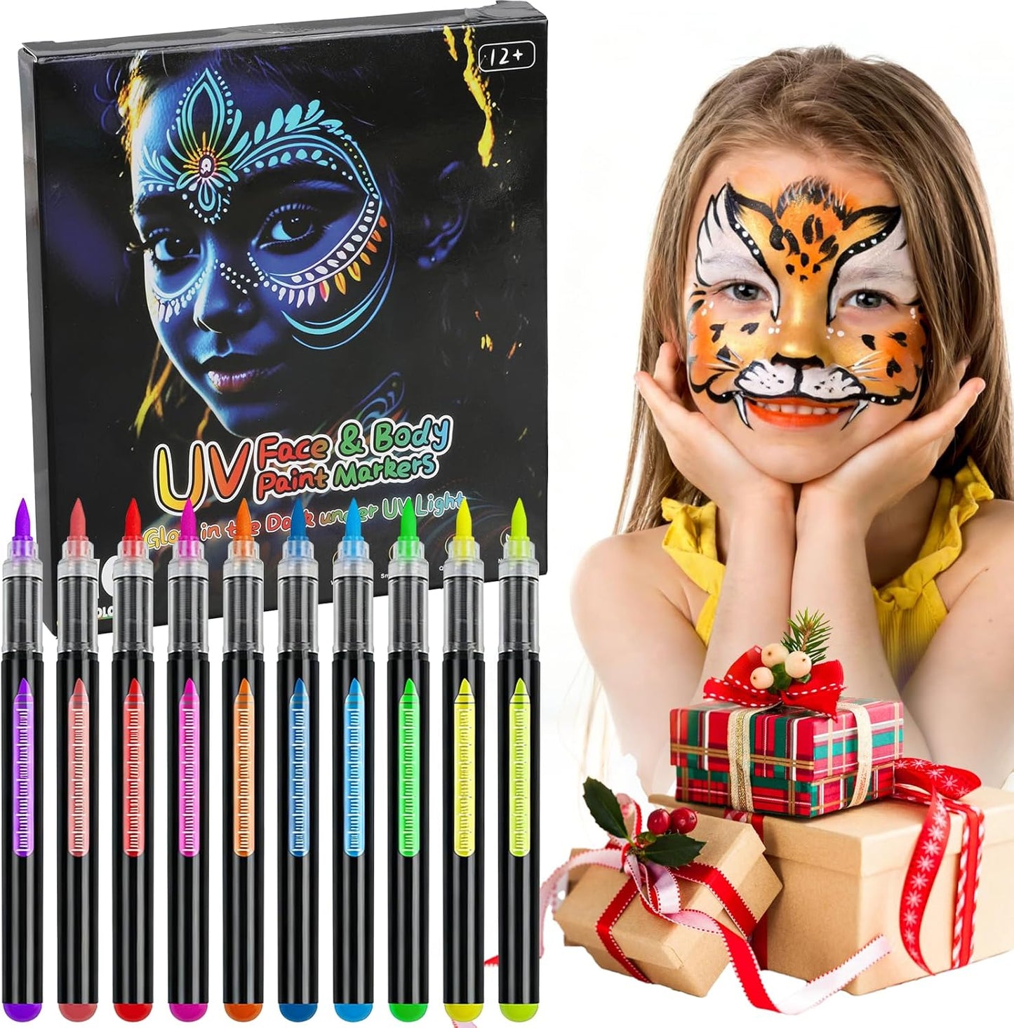 Glow in The Dark Face Paint Markers, 10 UV Neon Colours, Waterproof & Sweatproof, Skin-Safe Body Temporary Tattoo Pens, Washable Tattoo Markers for Halloween, Music Festivals, Raves, Parties
