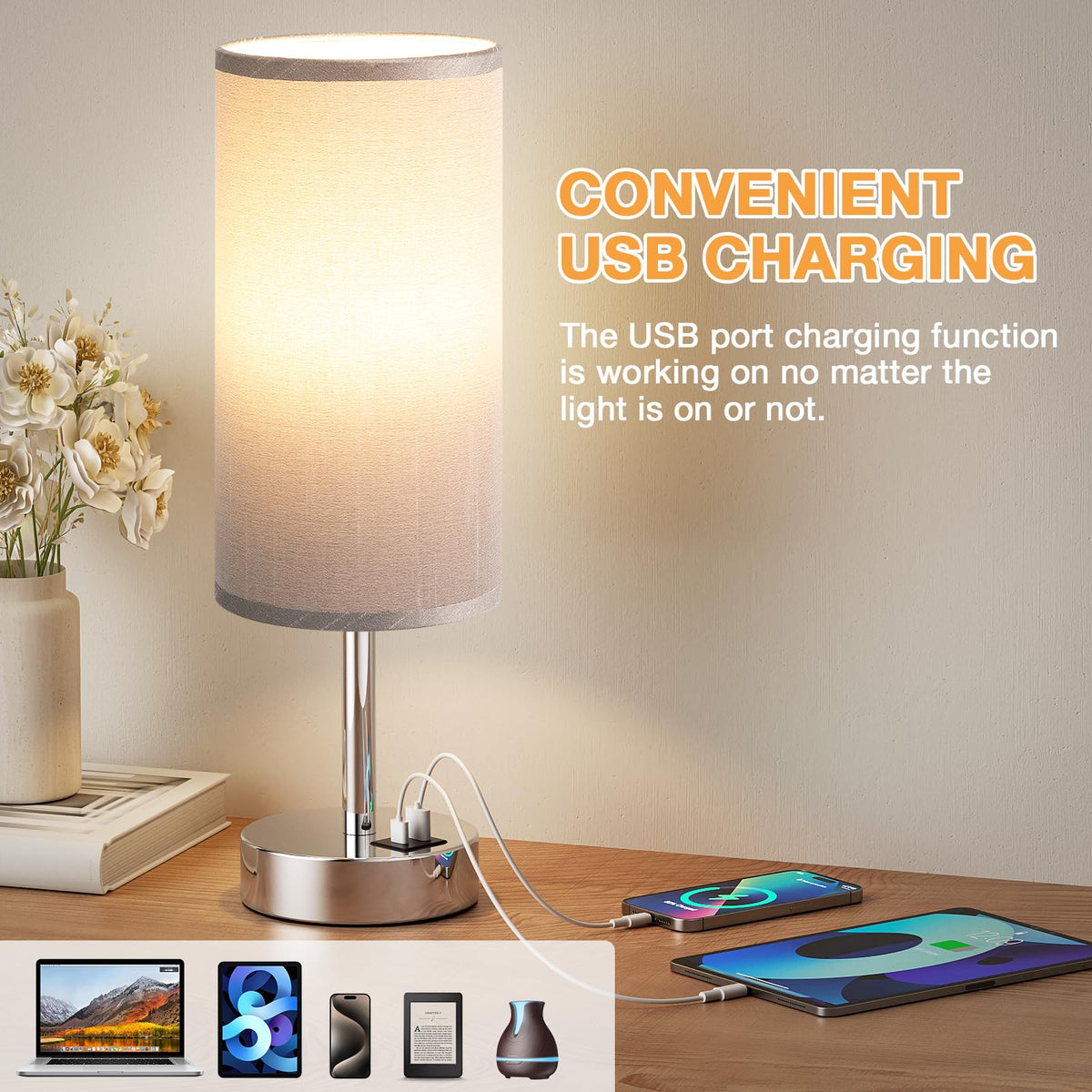 Aooshine Grey Table Lamp, 3-Way Dimmable, USB A + C Charging