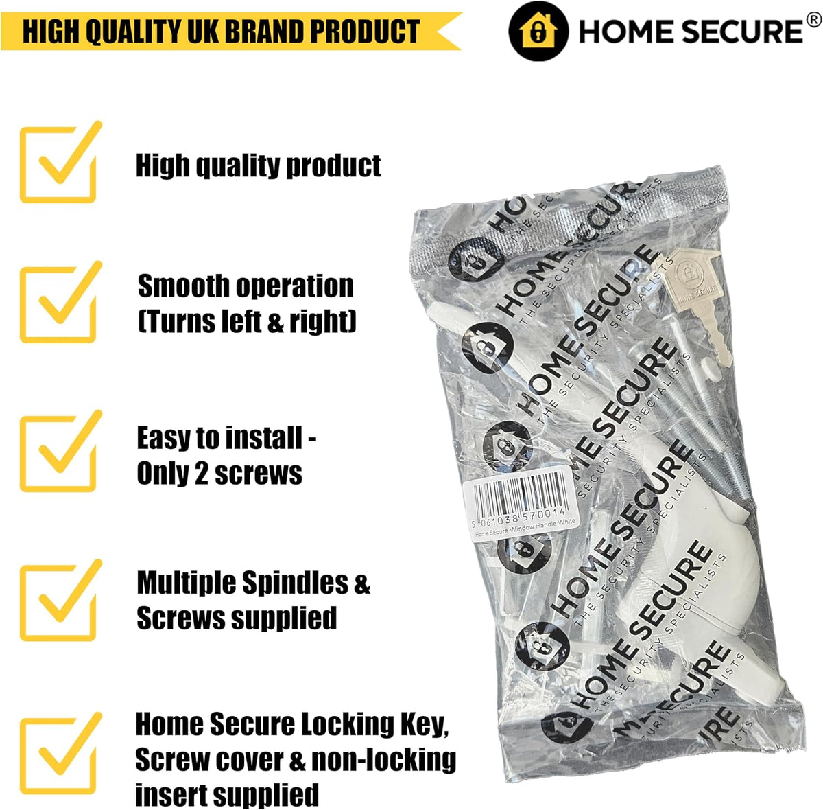 Home Secure™ Universal Locking uPVC Window Handle with Keys – Espag Window Handle Replacement, Reversible Left or Right, Multi-Spindle Fit, White