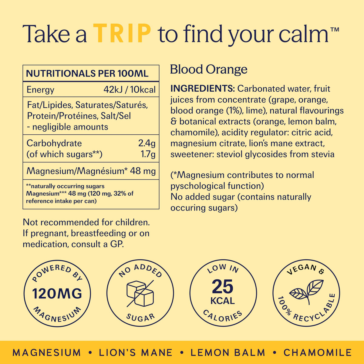 TRIP Cucumber Mint Sparkling drink with 120MG calming Magnesium + Lion’s Mane + Chamomile + Lemon Balm. Low Calorie and Vegan (Pack of 12 x 250ml) - Packaging Might Vary