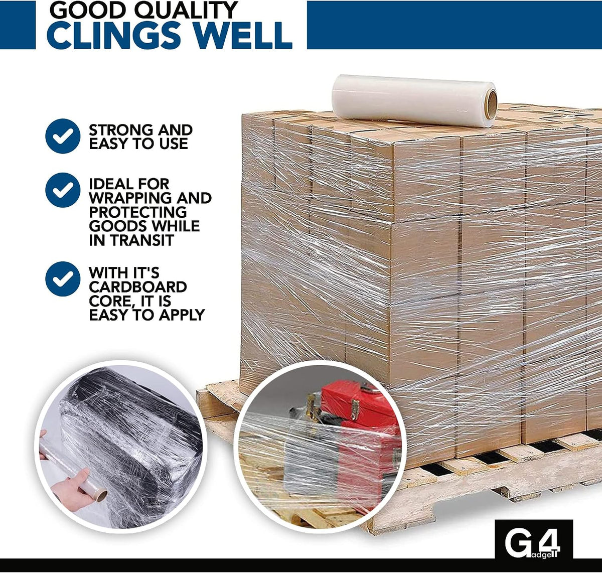 G4GADGET Heavy Duty Pallet Wrap 400mm x 200m Elongation | Strong Cling Film for Packaging, Moving & Storage | Tear Resistant, Waterproof & Moisture Proof Shrink Wrap Rolls