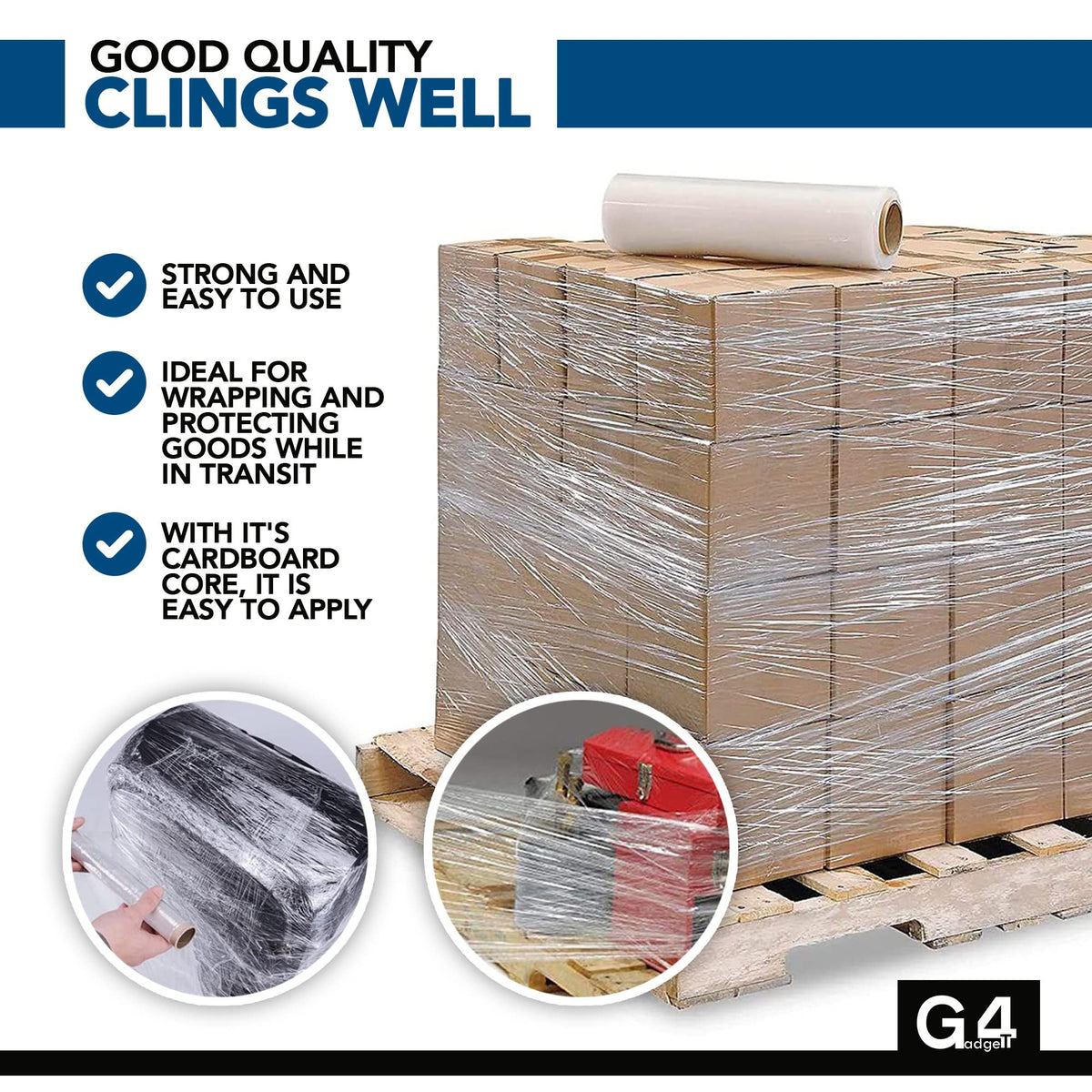 G4GADGET Heavy Duty Pallet Wrap 400mm x 200m Elongation | Strong Cling Film for Packaging, Moving & Storage | Tear Resistant, Waterproof & Moisture Proof Shrink Wrap Rolls